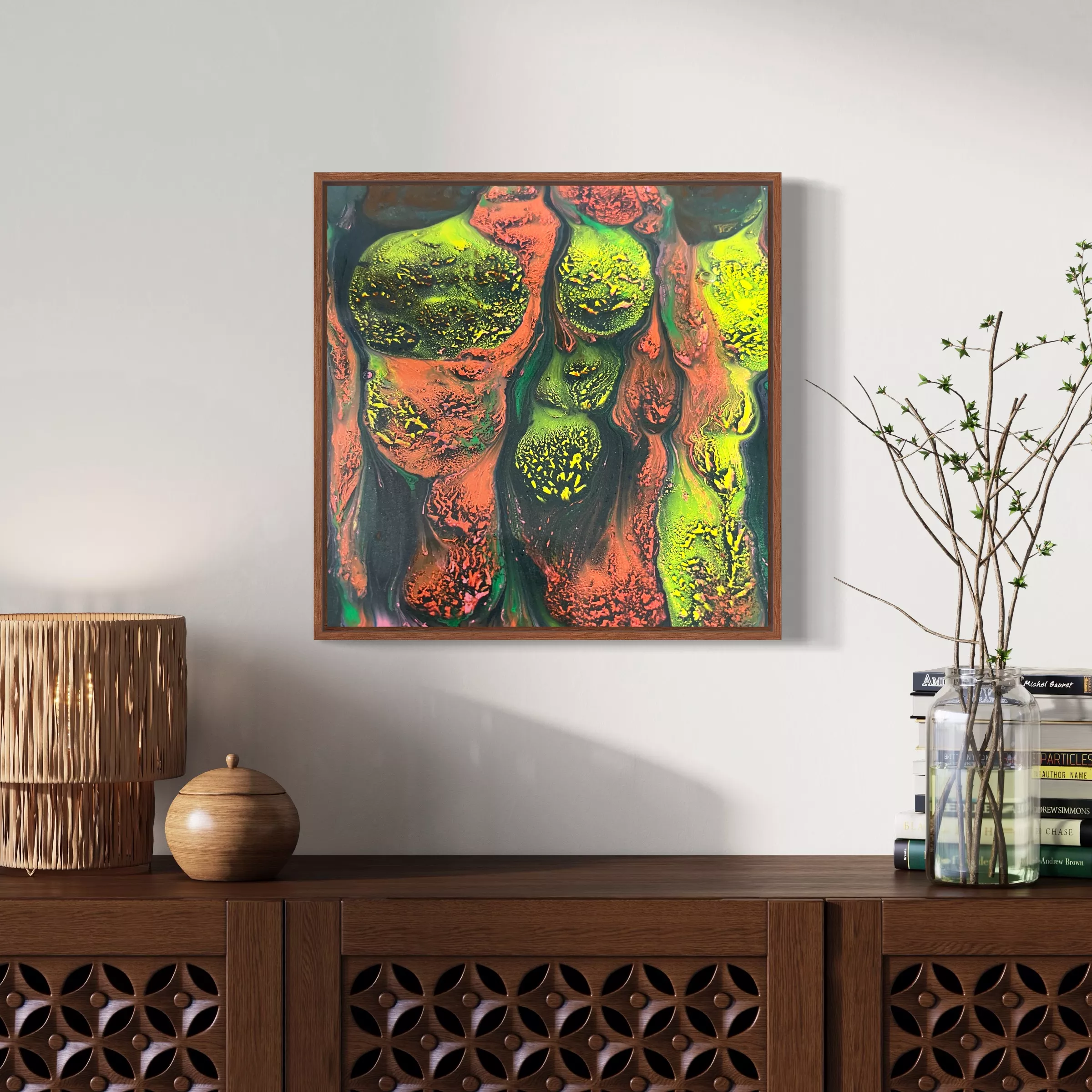 Lava Blooms on wall above wooden table with vases and flower vase. by Simone woods abstract artist.