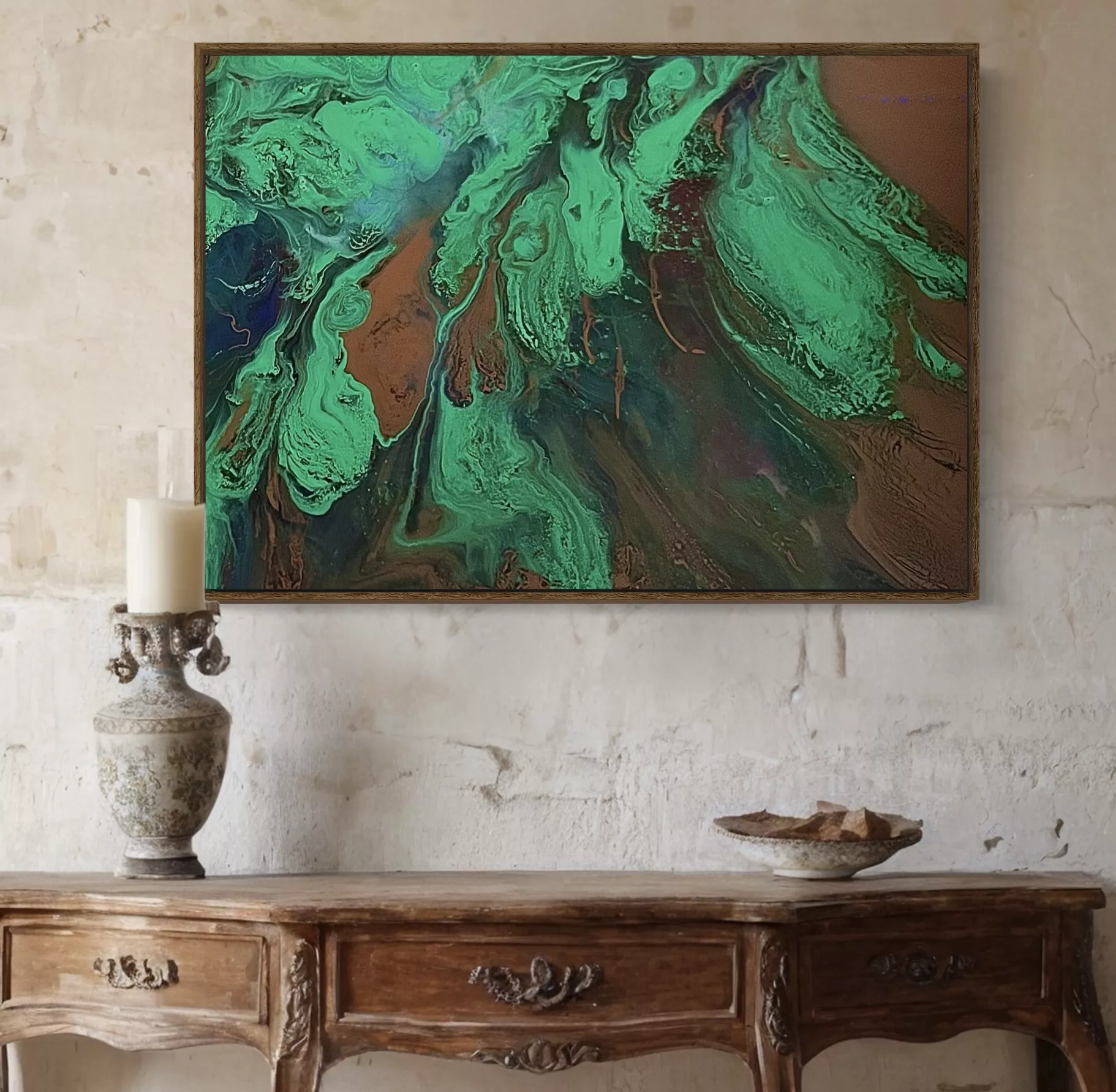 Verdigris Dreams on a light wall above a table with vase and bowl by Simone woods Abstract Artist.
